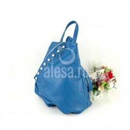 Rucsac de dama albastru, din piele, cu bumbi, Chic